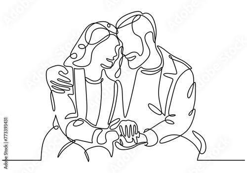 Romantic elderly couple in continuous line art drawing style