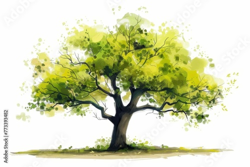 Spring tree with thick trunk on white background  digital painting