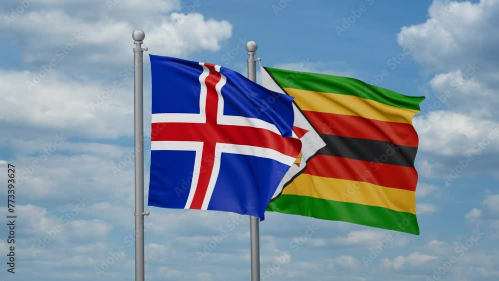 Zimbabwe and Iceland two flags waving together, looped video, two country cooperation concept Zimbabwe and Iceland two flags waving together, looped video, two country cooperation concept