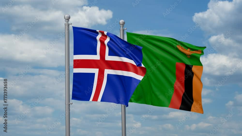 Zambia and Iceland two flags waving together, looped video, two country cooperation concept Zambia and Iceland two flags waving together, looped video, two country cooperation concept