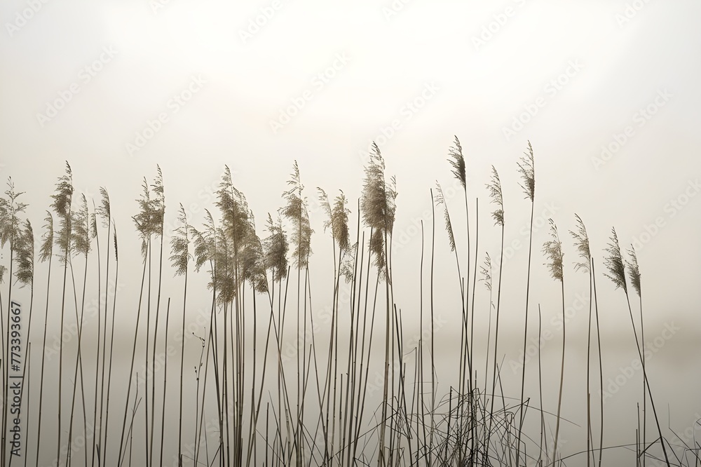 reeds in the morning fog - obrazy, fototapety, plakaty 