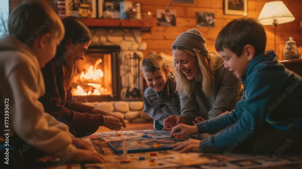 Fototapeta premium The family is sitting on the hardwood floor, sharing a fun board game event in front of the fireplace, enjoying the warmth and darkness. AIG41
