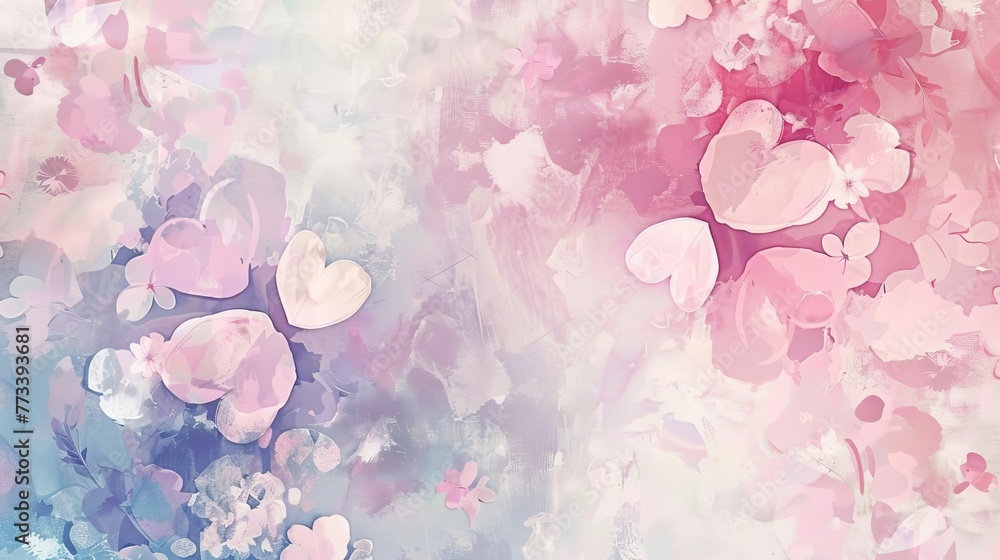 Delicate Floral Hearts in Soft Pastel Colors, Romantic Valentine's Day Background, Watercolor - obrazy, fototapety, plakaty 