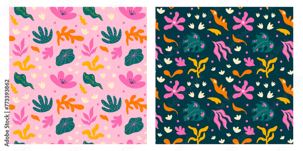 Seamless floral colorful vector pattern with abstract flowers and plants illustrations in cartoon funky groovy style in pink, green, Perfect for wrapping paper, textile, print, wallpaper, fabric decor