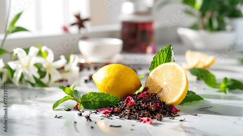 Cup of tea with mint and lemon on table, closeup