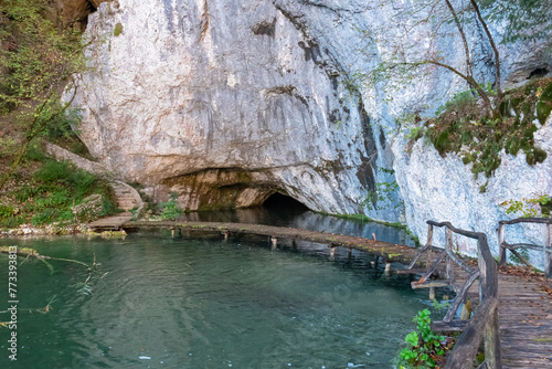 Enchanting hiking trail on rustical wooden footpath to Supljara Cave in Plitvice lakes National Park, Karlovac, Croatia, Europe. Walking along calm waters in serene beauty of natural landscape. Nature photo