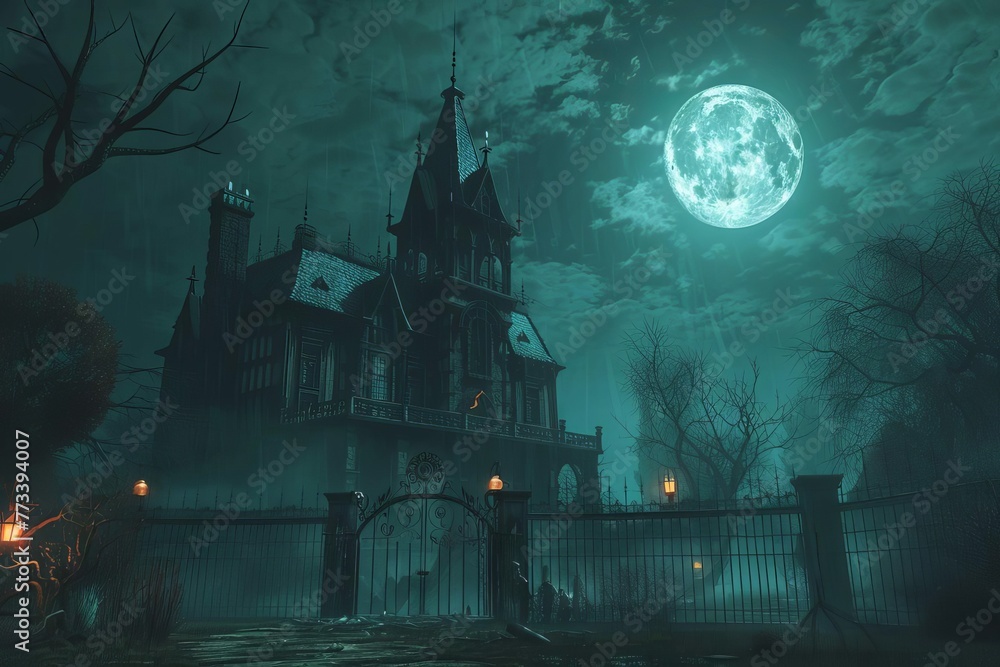 Spooky Halloween haunted house with creepy atmosphere, full moon, and eerie lighting, 3D illustration