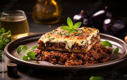 A plate of delicious food sits on a table next to a glass of wine