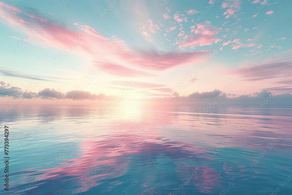 Spectacular ocean sunrise with sky reflecting in calm water, abstract seascape - Digital 3D illustration