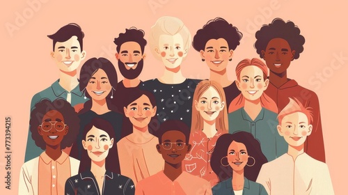 Diverse group portrait of smiling people of various ethnicities, ages, and genders, unity concept illustration