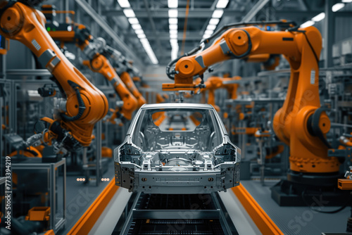 Assembling cars on high tech assembly line in an automobile factory is done by robots as part of modern automobile production AI Generative