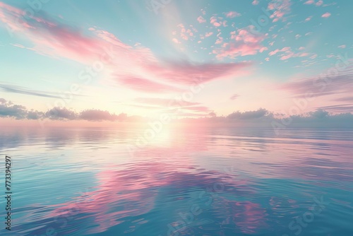 Spectacular ocean sunrise with sky reflecting in calm water, abstract seascape - Digital 3D illustration #773394297