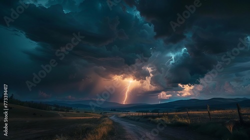 Wallpaper Mural Dramatic lightning strike illuminating night sky and landscape, electrifying nature photography Torontodigital.ca