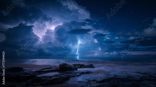 Dramatic lightning strike illuminating night sky and landscape, electrifying nature photography