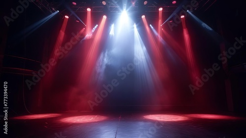 Dramatic stage with bright spotlights illuminating dark void, theater or concert lighting setup, high-contrast digital illustration