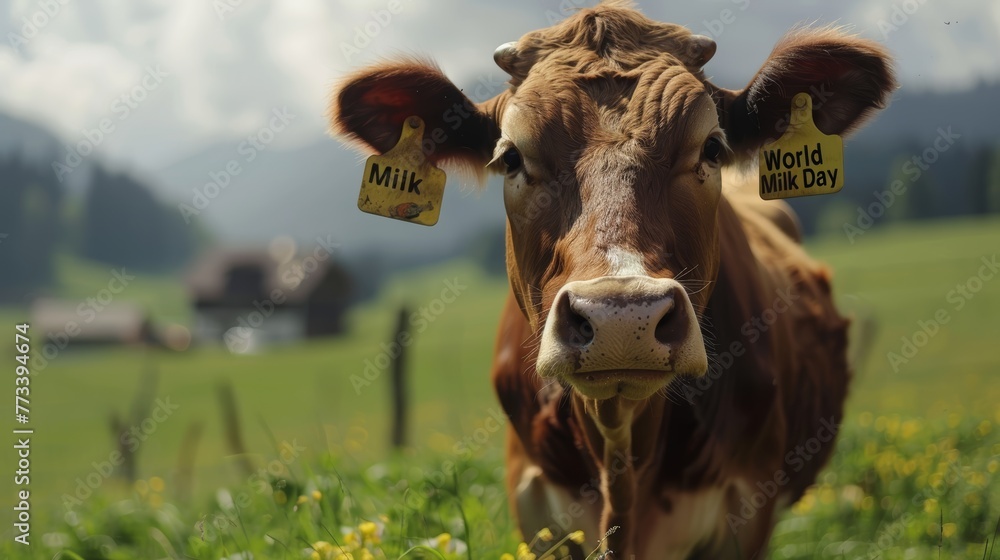 Brown cow with Milk and in a field. Dairy farming and World Milk Day concept