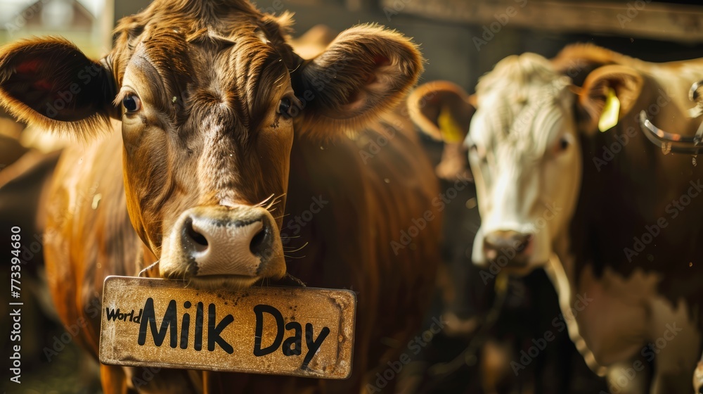 Cow in barn with a World Milk Day sign around its neck. Indoor dairy farm setting. Design for agricultural promotion, dairy industry marketing, and farm-to-table concepts