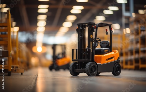 A forklift sits motionless inside a dimly lit warehouse