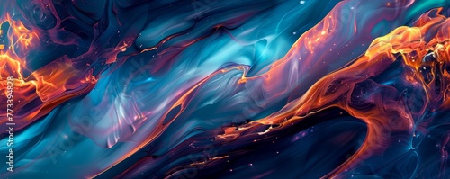 Dynamic abstract design with orange and blue fluid shapes on black background photo