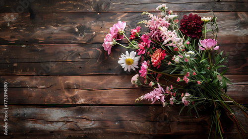 Bouquet of flowers on a wooden background. View from above