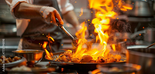 A close-up view of a restaurant kitchen demonstrates the creativity and workmanship needed in the culinary process as a trained chef uses fire to create food by hand. 
