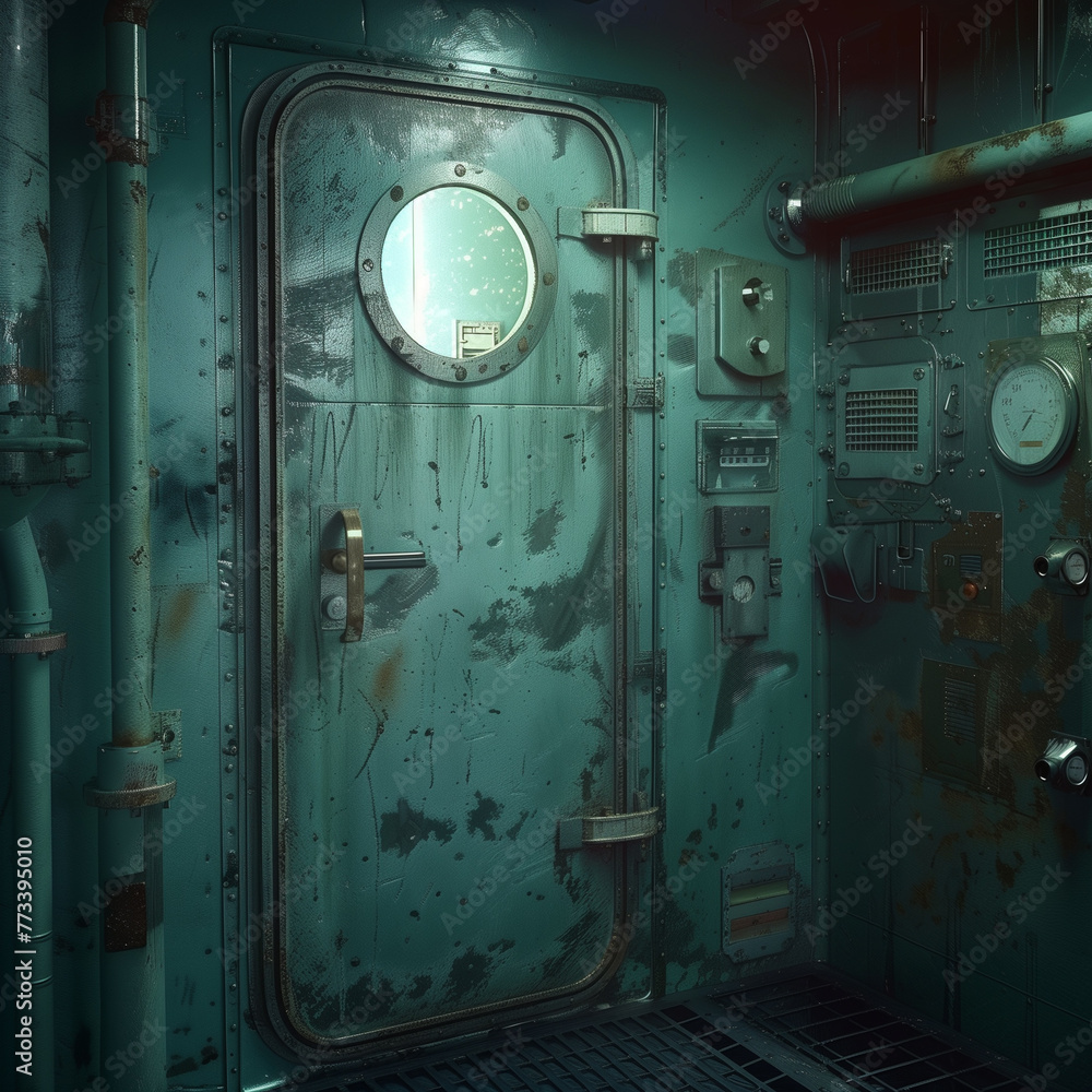A weathered submarine door with a porthole in a dimly lit room. A weathered submarine door with a porthole in a dimly lit room.