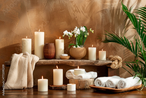 Serene Spa Setting With Lit Candles, Fresh Towels, and Orchids on a Rustic Wooden Shelf