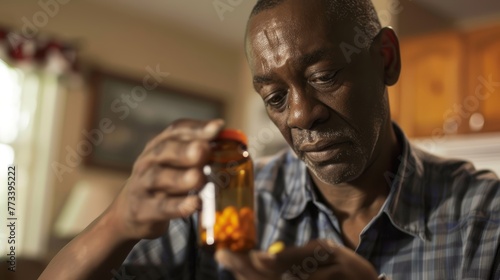 Senior man examining prescription bottle at home. Healthcare and aging concept for design and print
