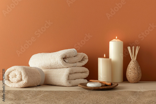 Serene Spa Setting With Rolled Towels, Candles, and Aromatherapy on Wooden Surface