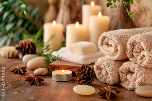 Serene Spa Setting With Rolled Towels, Candles, and Natural Elements on a Wooden Surface