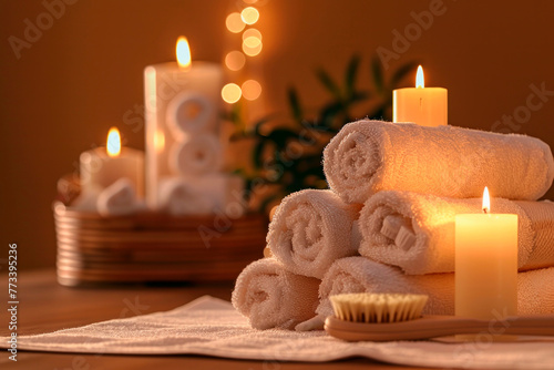 Serene Spa Setting With Glowing Candles, Fluffy Towels, and Relaxing Ambience in Warm Light