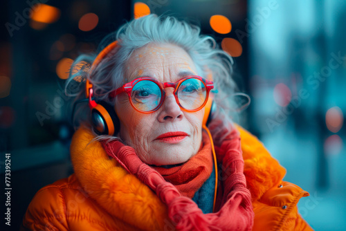 Stylish Senior Woman in Vibrant Colors Enjoying Music on Headphones in Urban Setting at Dusk