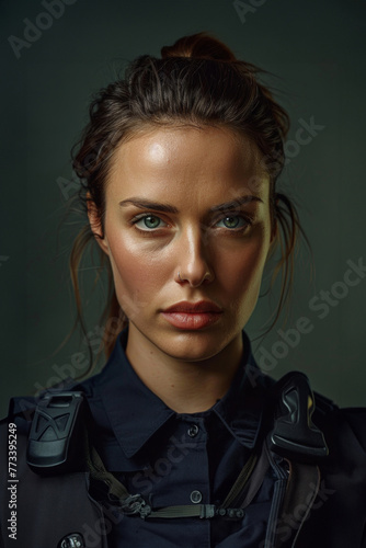 Close-Up Portrait of a Woman in Police Uniform With Intense Gaze and Natural Light