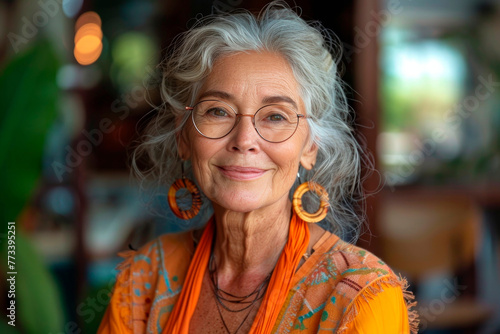 Radiant Senior Woman With Grey Hair Smiling Warmly in a Bright Indoor Setting