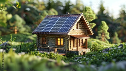 solar panel on the roof of an old wooden house in the mountains