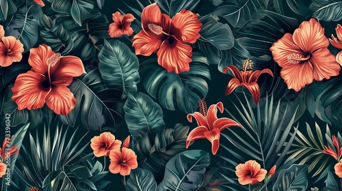 Exotic floral pattern wallpaper  vintage botanical print  seamless textile design  digital illustration