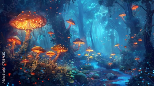 Fantasy landscape, enchanted forest, magical glowing mushrooms, fairy tale inspired digital painting