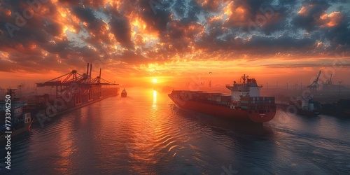 Container cargo ship and cargo plane in shipyard at sunrise showcasing logistics in importexport transport industry. Concept Logistics, Import/Export, Transportation, Cargo Ship, Cargo Plane