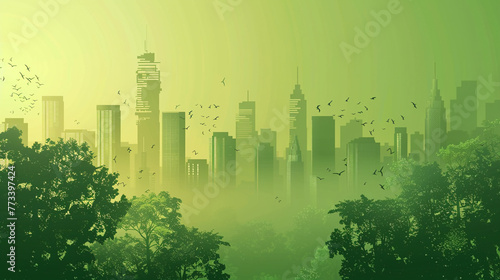 Cityscape with skyscrapers, trees and birds on green background. AI.