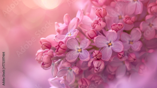 Branch of lilac flowers on a soft blurred background. Spring background. AI. © Alex Alex