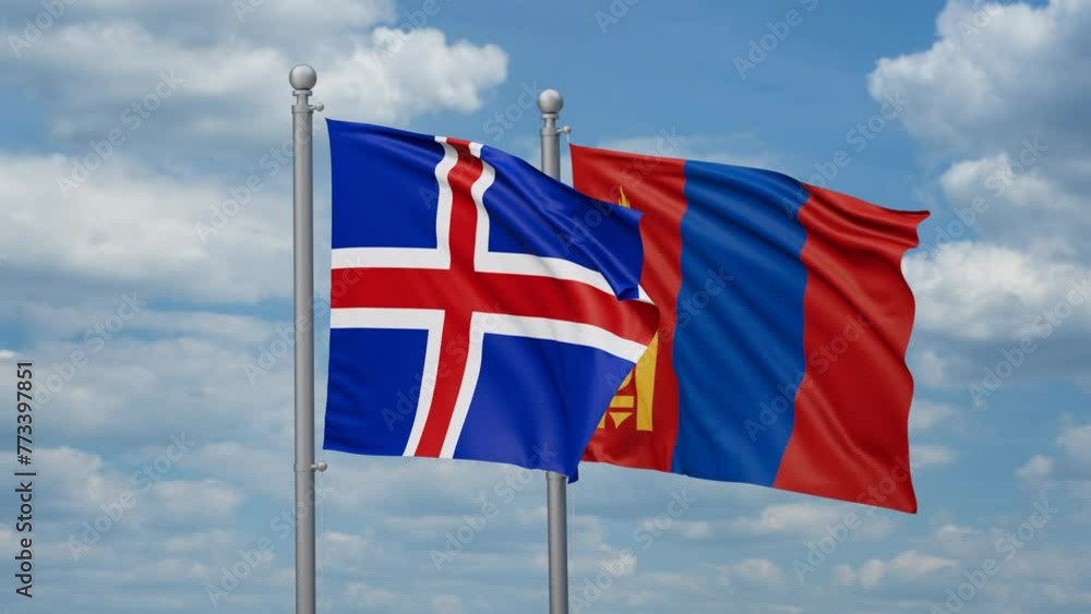 Mongolia and Iceland two flags waving together, looped video, two country cooperation concept Mongolia and Iceland two flags waving together, looped video, two country cooperation concept