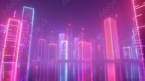 Futuristic city reflection with neon glow on water. 3D illustration of cybernetic skyline at night.