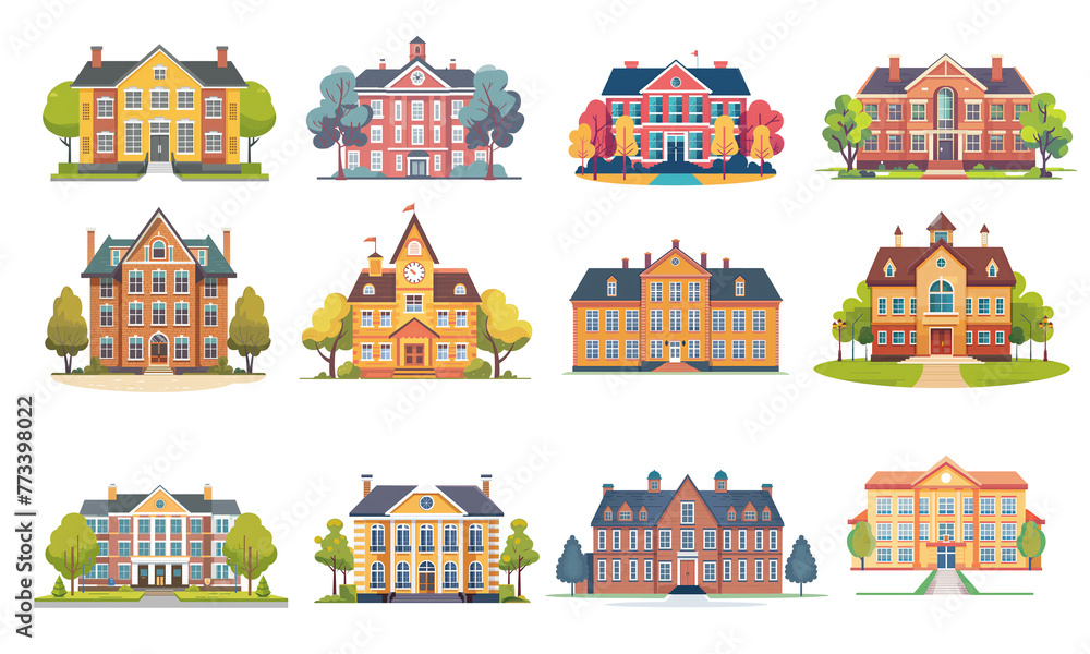 Collection of school buildings vector flat minimalistic isolated illustration, cut out, isolated on transparent background. 