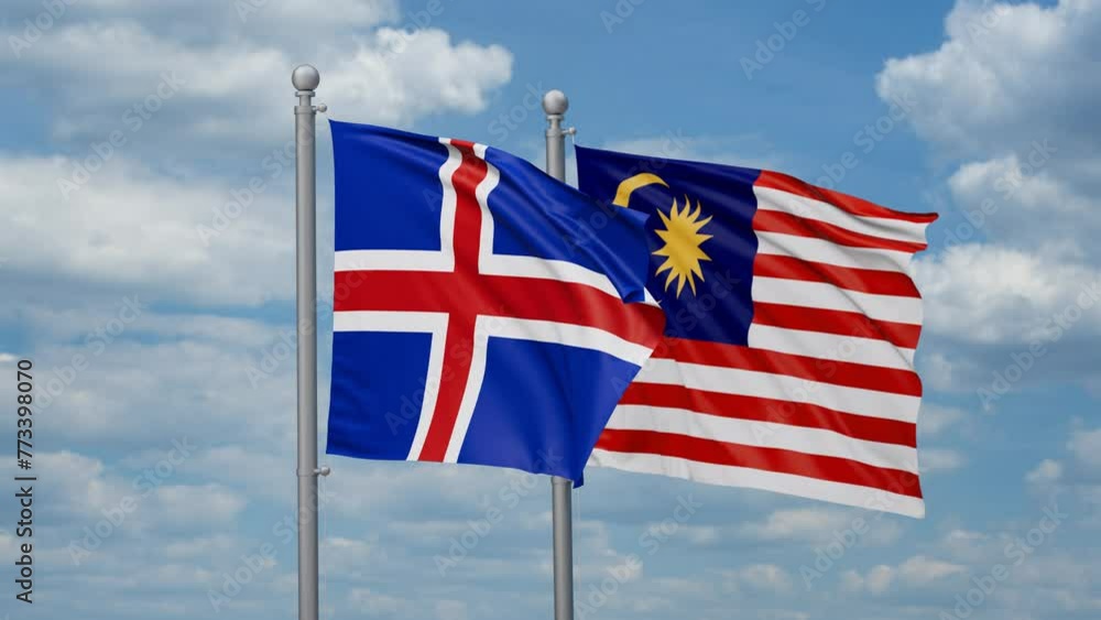 Malaysia and Iceland two flags waving together, looped video, two country cooperation concept Malaysia and Iceland two flags waving together, looped video, two country cooperation concept