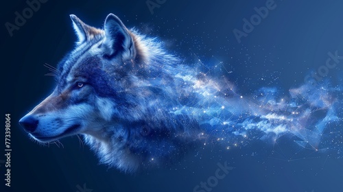 Modern illustration of wolf lines and triangles on blue background. Illustration modern.