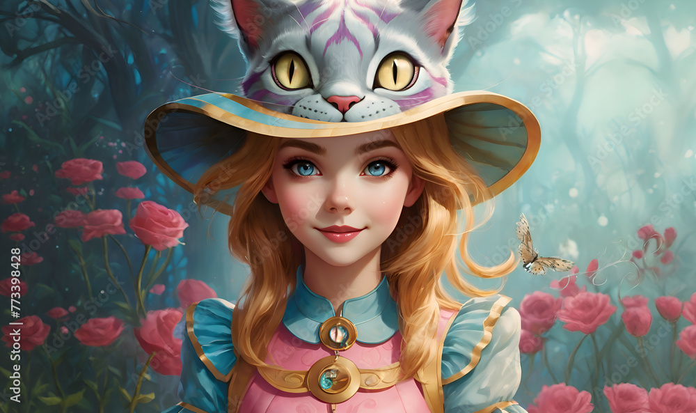 little girl Alice dressed in fashionable catty hat in wonderland. close up. Digital artwork. Ai generated