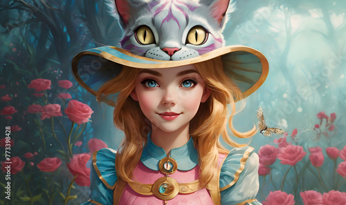 little girl Alice dressed in fashionable catty hat  in wonderland. close up. Digital artwork. Ai generated