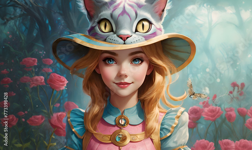 Obraz na płótnie little girl Alice dressed in fashionable catty hat in wonderland. close up. Digital artwork. Ai generated w salonie