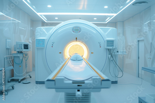 Located in hospital laboratory is medical computed tomography room with CT magnetic resonance scanner. AI Generative