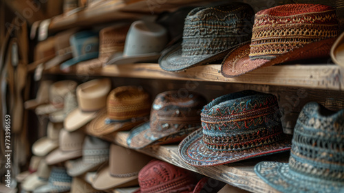 Rows of various hats on a shelf